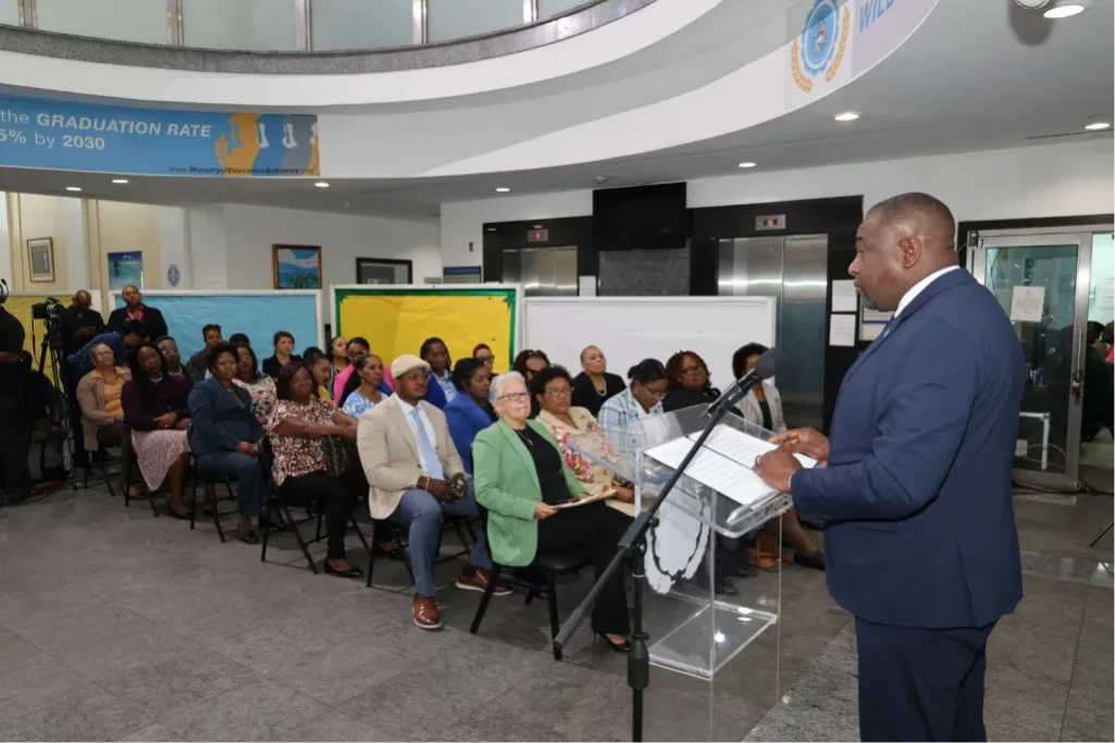 Minister of Youth, Sports and Culture the Hon. Mario Bowleg and Minister of Education and Technical and Vocational Training the Hon. Glenys Hanna Martin (both pictured speaking) joined members of their Ministry’s executive teams and other stakeholders at the Launch of the National Cultural Artist Registry Website, on April 14, 2025, held at the Ivy Dumont Building, on University Boulevard.  (BIS Photos/Eric Rose) Minister of Youth, Sports and Culture the Hon. Mario Bowleg and Minister of Education and Technical and Vocational Training the Hon. Glenys Hanna Martin (both pictured speaking) joined members of their Ministry’s executive teams and other stakeholders at the Launch of the National Cultural Artist Registry Website, on April 14, 2025, held at the Ivy Dumont Building, on University Boulevard.  (BIS Photos/Eric Rose)