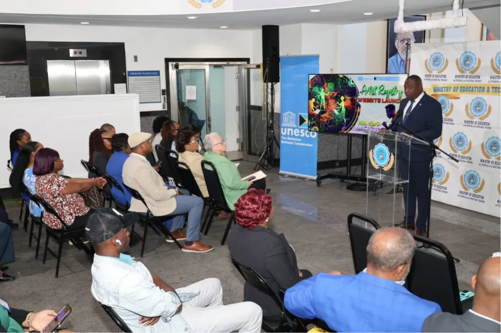 Minister of Youth, Sports and Culture the Hon. Mario Bowleg and Minister of Education and Technical and Vocational Training the Hon. Glenys Hanna Martin (both pictured speaking) joined members of their Ministry’s executive teams and other stakeholders at the Launch of the National Cultural Artist Registry Website, on April 14, 2025, held at the Ivy Dumont Building, on University Boulevard.  (BIS Photos/Eric Rose) Minister of Youth, Sports and Culture the Hon. Mario Bowleg and Minister of Education and Technical and Vocational Training the Hon. Glenys Hanna Martin (both pictured speaking) joined members of their Ministry’s executive teams and other stakeholders at the Launch of the National Cultural Artist Registry Website, on April 14, 2025, held at the Ivy Dumont Building, on University Boulevard.  (BIS Photos/Eric Rose)