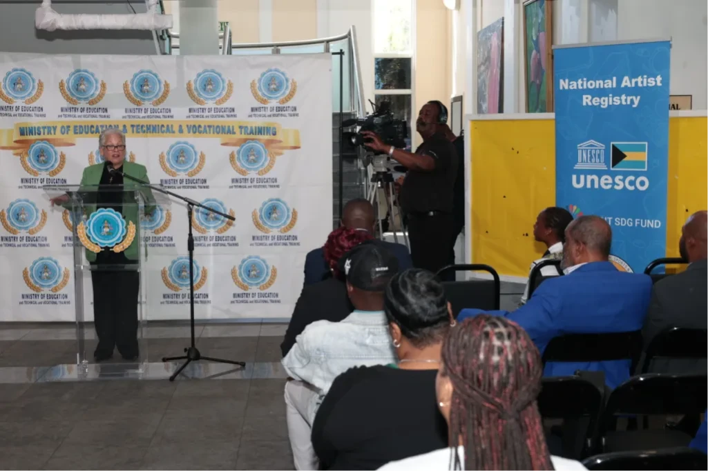 Minister of Youth, Sports and Culture the Hon. Mario Bowleg and Minister of Education and Technical and Vocational Training the Hon. Glenys Hanna Martin (both pictured speaking) joined members of their Ministry’s executive teams and other stakeholders at the Launch of the National Cultural Artist Registry Website, on April 14, 2025, held at the Ivy Dumont Building, on University Boulevard.  (BIS Photos/Eric Rose) Minister of Youth, Sports and Culture the Hon. Mario Bowleg and Minister of Education and Technical and Vocational Training the Hon. Glenys Hanna Martin (both pictured speaking) joined members of their Ministry’s executive teams and other stakeholders at the Launch of the National Cultural Artist Registry Website, on April 14, 2025, held at the Ivy Dumont Building, on University Boulevard.  (BIS Photos/Eric Rose)