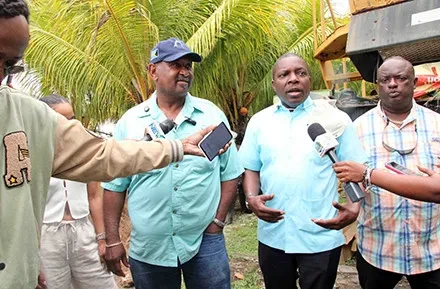 Minister of Agriculture and Marine Resources, the Hon. Jomo Campbell led a delegation of senior government officials on a tour of various initiatives currently being conducted by the Ministry.  He announced the much-anticipated 'Golden Yoke' project has been officially launched. The tour was held February 26, 2025 and included site visits to D.W. Davis Junior High school, D & T Farms, and the newly proposed site for the 'Golden Yoke' Program off Gladstone Road.