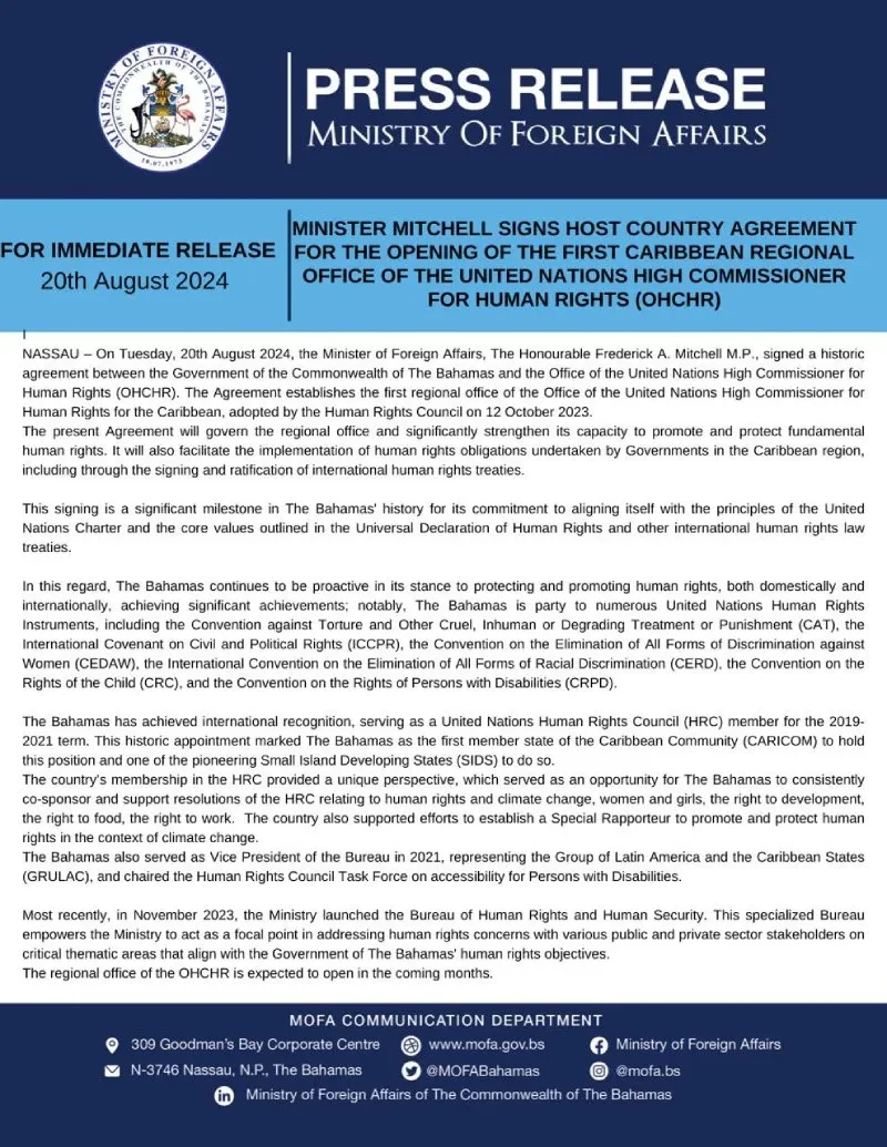 Minister Mitchell signs country agreement for the opening of the first Caribbean Regional Office of the UN Commissioner for Human Rights