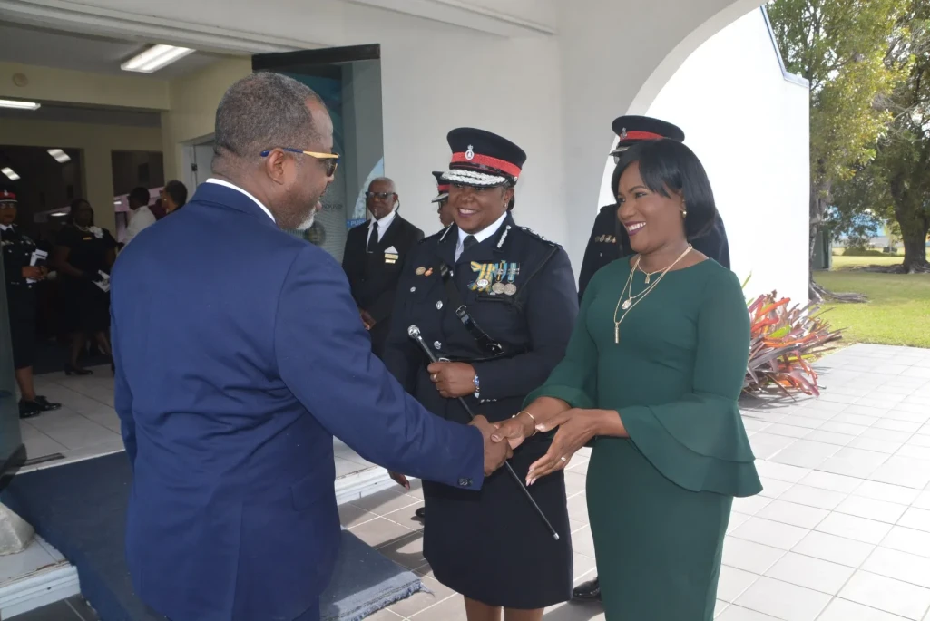 Minister for National Security, the Hon. Wayne Munroe (left) greets Minister for Grand Bahama, the Hon. Ginger Moxey and Commissioner of Police, Ms. Shanta Knowles, as they arrive at Central Church of God on Sunday, January 26, 2025, for the annual police church service.