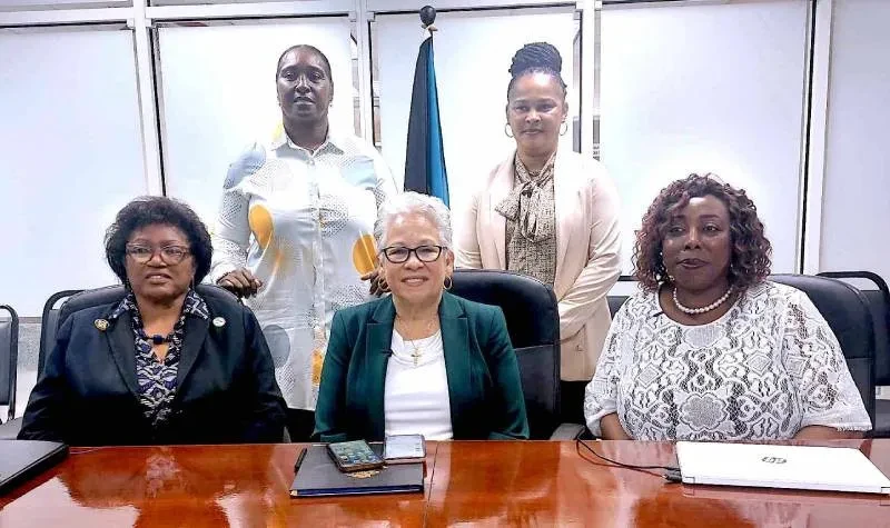 Pictured from left, seated: Lorraine Armbrister, Permanent Secretary; Hon. Glenys Hanna-Martin; Clara Storr, Primary Education Officer, Ministry of Education and Technical & Vocational Training.  Standing: Oria Woods-Knowles, Deputy Director of Sports; and Keesha Johnson High School Education Officer, Ministry of Education. Pictured from left, seated: Lorraine Armbrister, Permanent Secretary; Hon. Glenys Hanna-Martin; Clara Storr, Primary Education Officer, Ministry of Education and Technical & Vocational Training.  Standing: Oria Woods-Knowles, Deputy Director of Sports; and Keesha Johnson High School Education Officer, Ministry of Education.