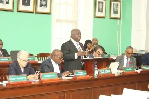 Prime Minister and Minister of Finance, the Hon. Philip Davis speaks, during his Contribution to the debate on the Domestic Minimum Top-Up Tax Bill, 2024, in the House of Assembly, on November 6, 2024.  (BIS Photo/Ulric Woodside). Prime Minister and Minister of Finance, the Hon. Philip Davis speaks, during his Contribution to the debate on the Domestic Minimum Top-Up Tax Bill, 2024, in the House of Assembly, on November 6, 2024.  (BIS Photo/Ulric Woodside).