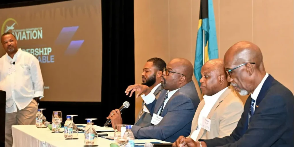 (Stakeholders) Stakeholders present “State of Aviation” at the Bahamas Department of Aviation Third Cohort of Aviation Service Ambassadors Industry-Wide Training Exercise on Tuesday, April 1, 2025 at Baha Mar Convention Centre on Cable Beach.  Pictured are Kerry Fountain, Executive Director, Bahama Out Islands Promotion Board; Ryan Sands, Legal Counsel, Civil Aviation; Peter Rutherford, General Manager, Airport Authority; Tracy Cooper, Managing Director of Bahamas air; and Captain Pat Rolle, Aviation Consultant. (Stakeholders) Stakeholders present “State of Aviation” at the Bahamas Department of Aviation Third Cohort of Aviation Service Ambassadors Industry-Wide Training Exercise on Tuesday, April 1, 2025 at Baha Mar Convention Centre on Cable Beach.  Pictured are Kerry Fountain, Executive Director, Bahama Out Islands Promotion Board; Ryan Sands, Legal Counsel, Civil Aviation; Peter Rutherford, General Manager, Airport Authority; Tracy Cooper, Managing Director of Bahamas air; and Captain Pat Rolle, Aviation Consultant.
