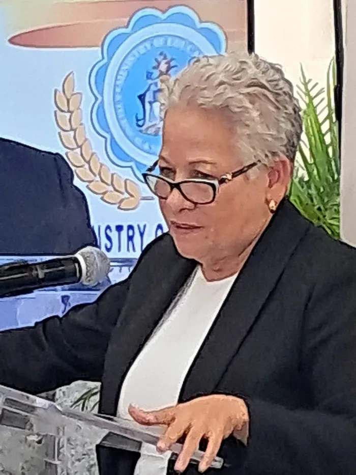 Minister of Education and Technical & Vocational Training, the Hon. Glenys Hanna-Martin addresses students during a Meet & Greet event celebrating the Bahamas Public Schools Student of Distinction Society. The event was held on Monday, 11th November in the Dame Ivy Dumont building foyer of the Ministry of Education and Technical & Vocational Training on University Drive.(BIS Photos/Ulric Woodside)